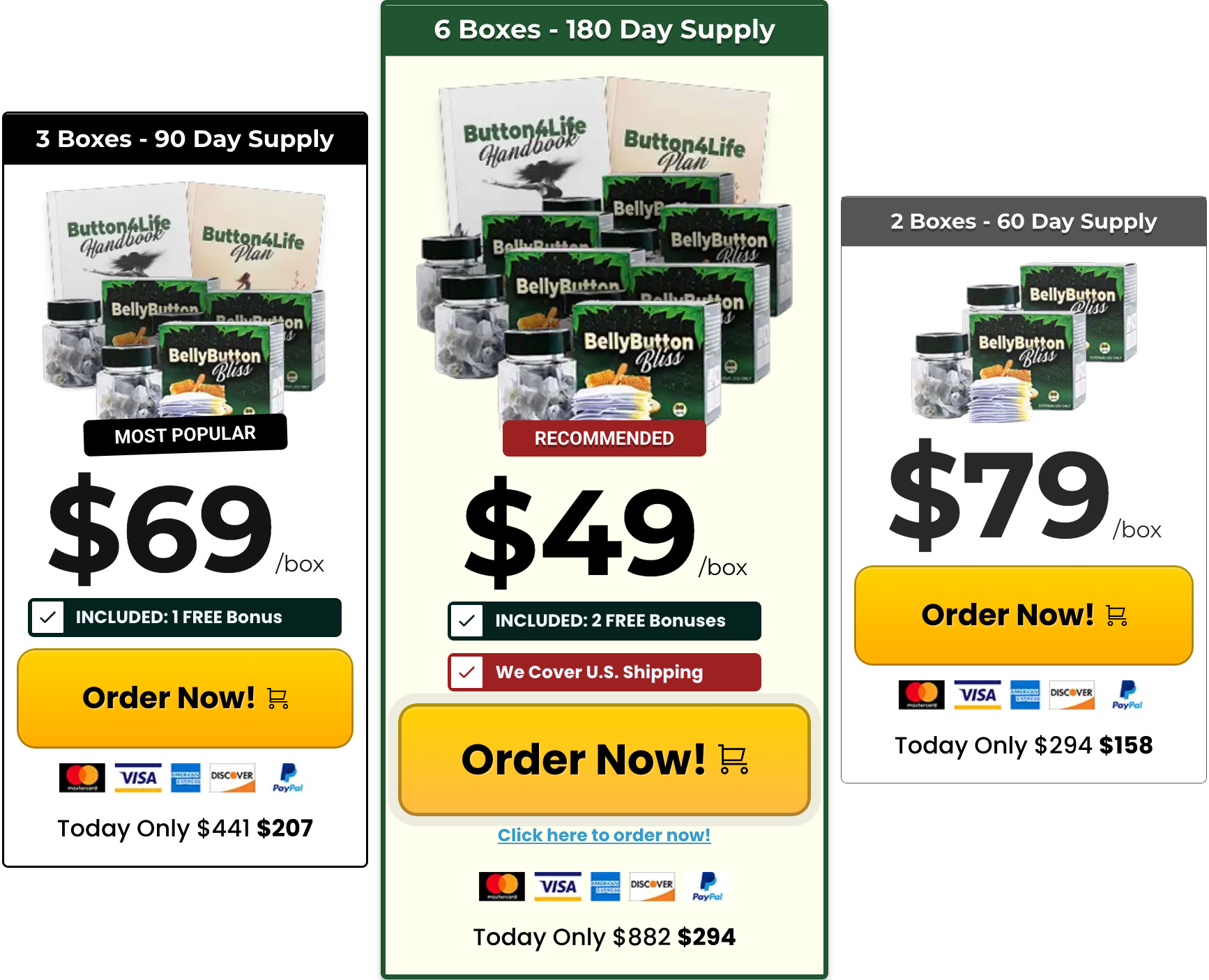 BellyButtonBliss pricing bundles: 3 boxes $69, 6 boxes $49, 2 boxes $79